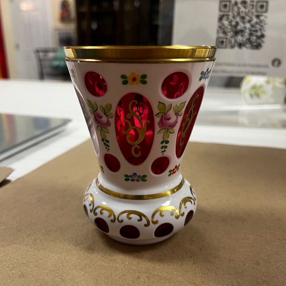 Antique Bohemian White Gold And Cranberry Colored Floral Vase